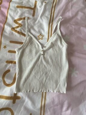 Ribbed White Cropped Tank Top with Button Detail